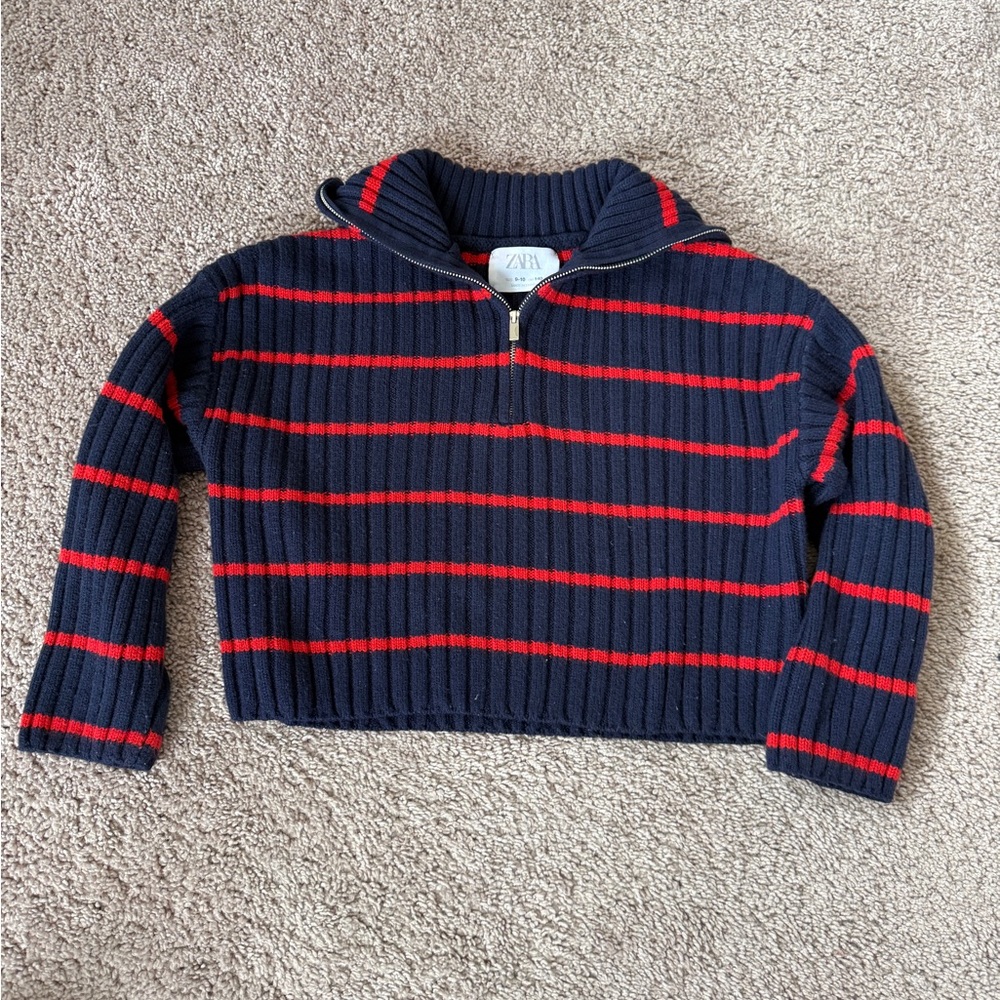 Zara Navy and Red Striped Kids Cropped Quarterzip Sweater size 9-10 nautical